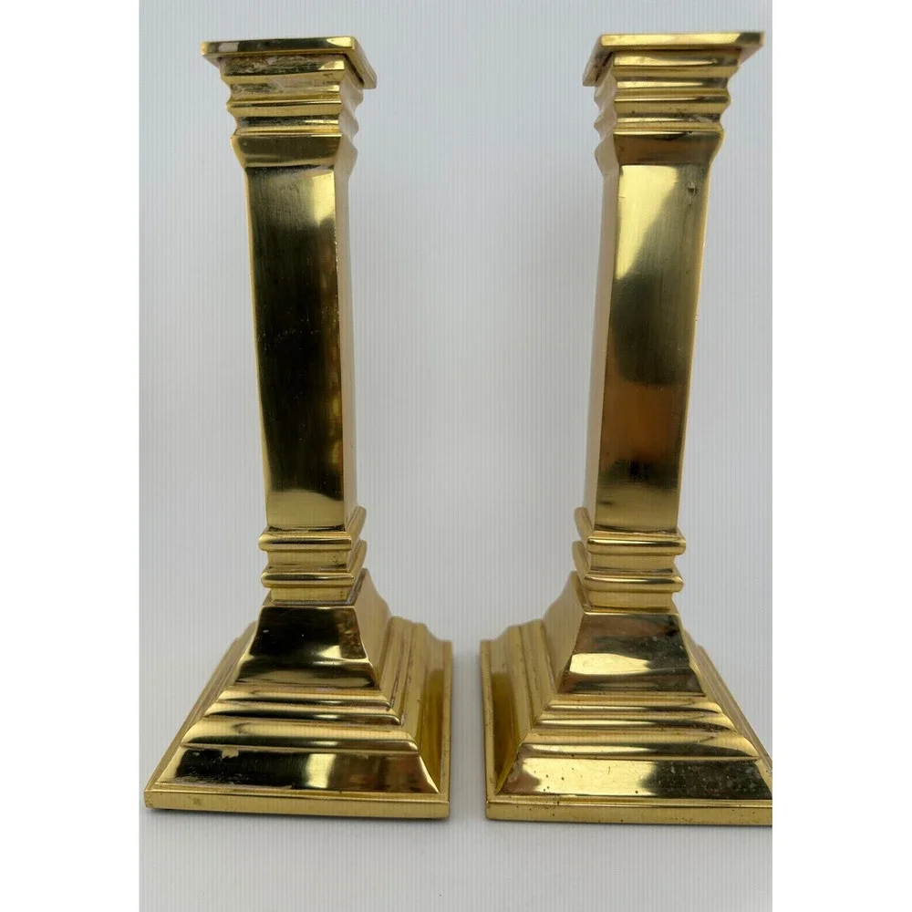Jefferson Brass 8 Inch Heavy Polished Brass Candlesticks Pair Square Base Set 2